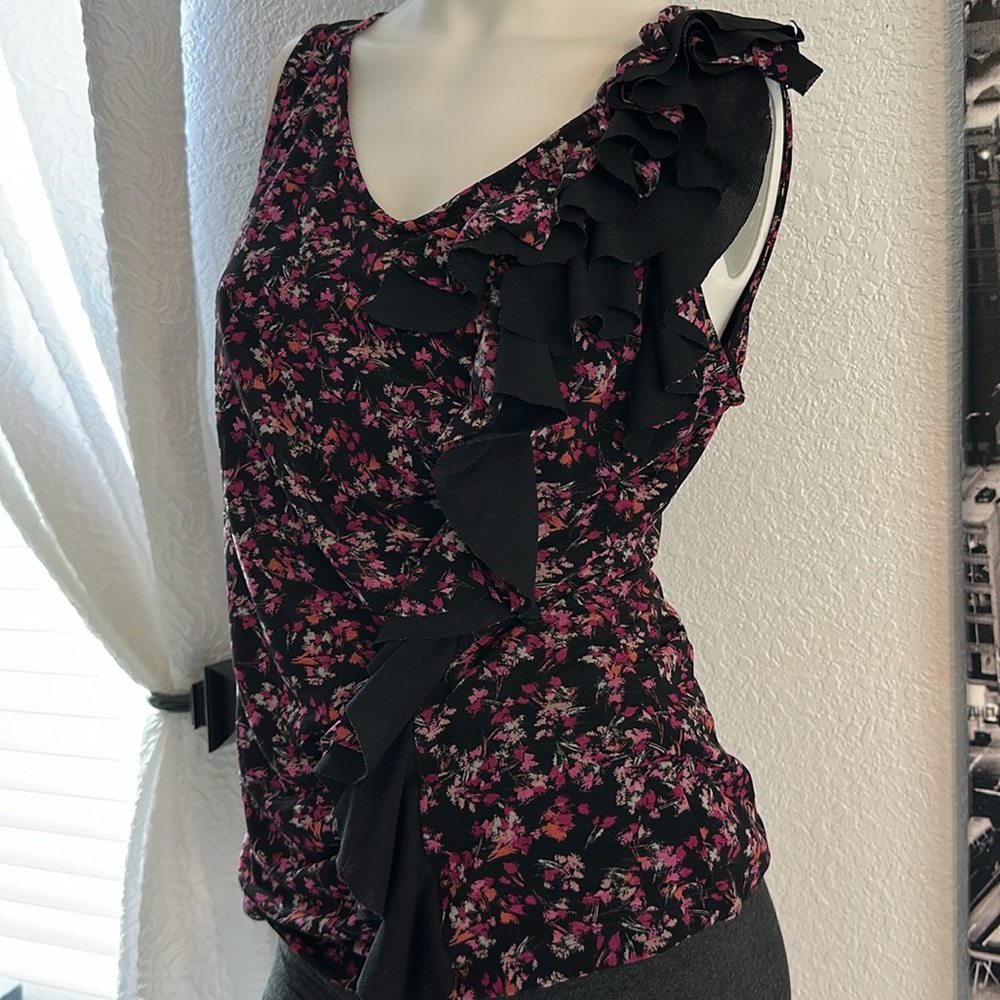 Elle Black and Pink Floral Ruffle Tank Top